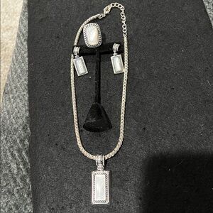 Elegant Silver Necklace with Rectangular Pendant with matching ring and earrings